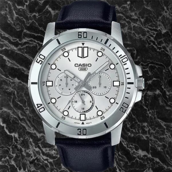 Casio MTP-VD300L-7E Multi Hands Black Leather White Analog Men's Dress Watch